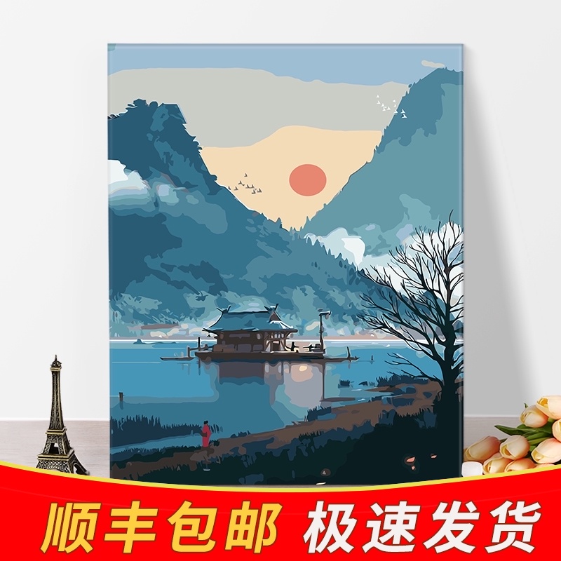 Digital oil painting diy living room bedroom landscape painting Cartoon animation coloring painting Hand-painted decorative painting Jianglin wonderland