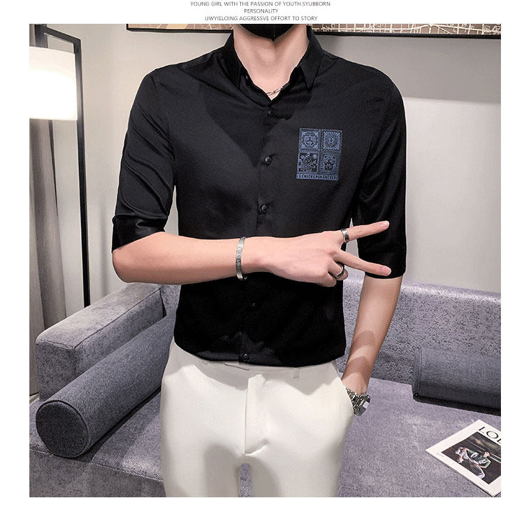 Джинсовая рубашка frying pan男士七分袖衬衫夏季薄款冰丝棉刺绣方领衬衣修身痞帅潮 OTHER