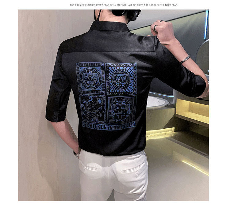 Джинсовая рубашка frying pan男士七分袖衬衫夏季薄款冰丝棉刺绣方领衬衣修身痞帅潮 OTHER