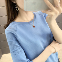 Ice silk T-shirt womens ins short-sleeved bottoming thin five-point sleeve top womens 2021 new trendy summer hollow knitwear