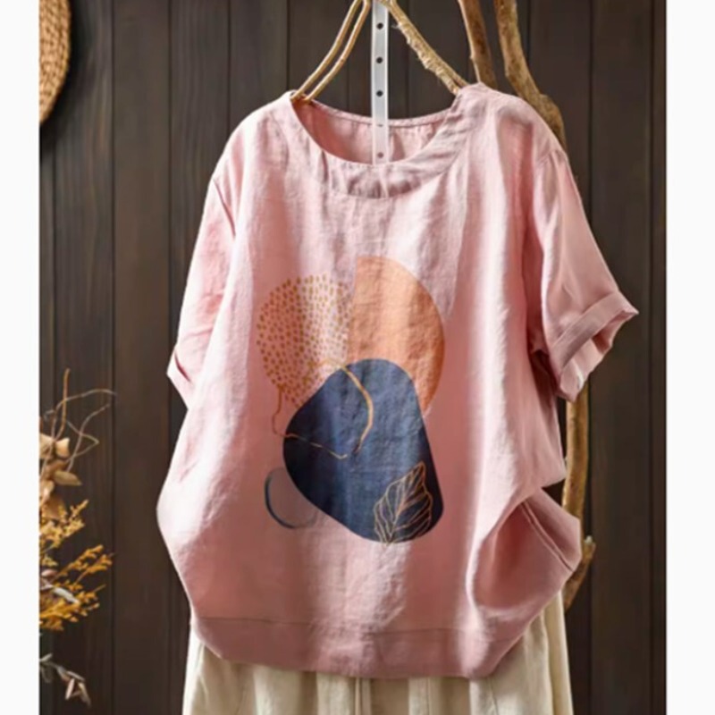 Cross-Border Export Summer Retro Casual Elegant Cotton and Linen Printed Round Neck Short-Sleeved T-Shirt Women's Loose Slimming Look Top