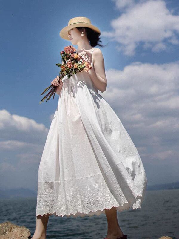 Clearance Sale~ Foreign Trade Brand Cotton and Linen Dress for Women, French-Style Spaghetti Strap Dress, High-End White Tank Top Long Dress