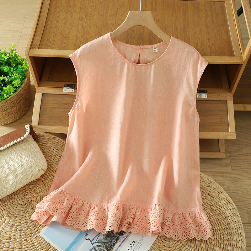 Cross-Border Export~Summer Cotton and Linen Large Size Loose Vest Retro Splicing Lace Versatile Round Neck Sleeveless Top for Women Cross-Border Export~Summer Cotton and Linen Large Size Loose Vest Retro Splicing Lace Versatile Round Neck Sleeveless Top for Women