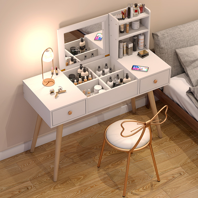 Nordic Ins Wind Grid Red Makeup Table Bedroom Small Family Type Makeup Desk Brief Modern Flip Mirror Simple Storage Cabinet