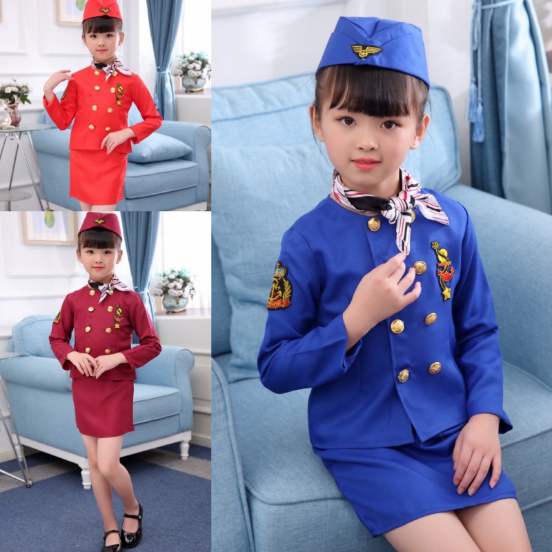 Thiếu nữ tiếp viên hàng không Trang phục nữ tiếp viên hàng không đồng phục nam trống biểu diễn hiệu suất mẫu giáo mặc chuyên nghiệp đồ trẻ em đẹp