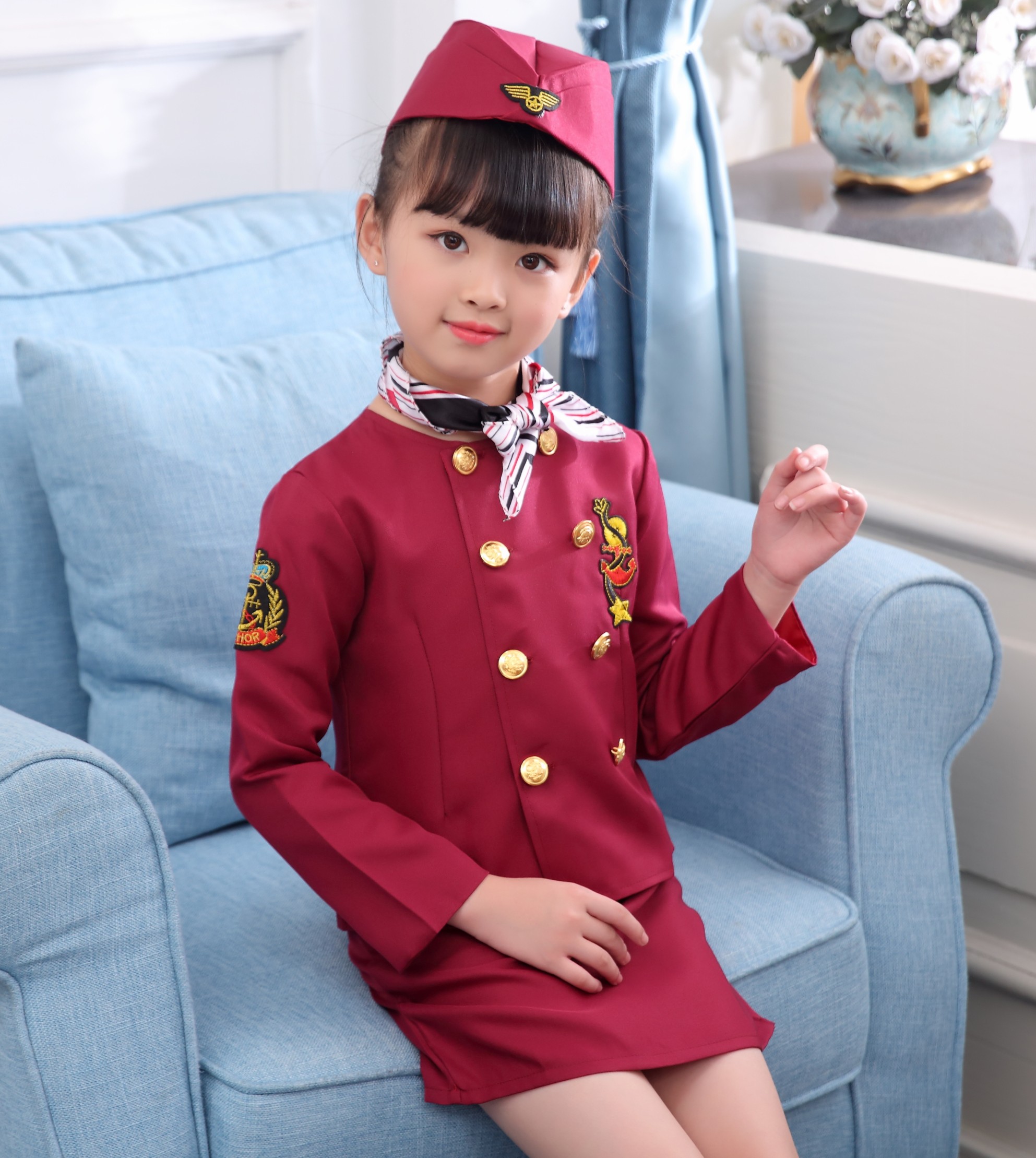 Thiếu nữ tiếp viên hàng không Trang phục nữ tiếp viên hàng không đồng phục nam trống biểu diễn hiệu suất mẫu giáo mặc chuyên nghiệp đồ trẻ em đẹp