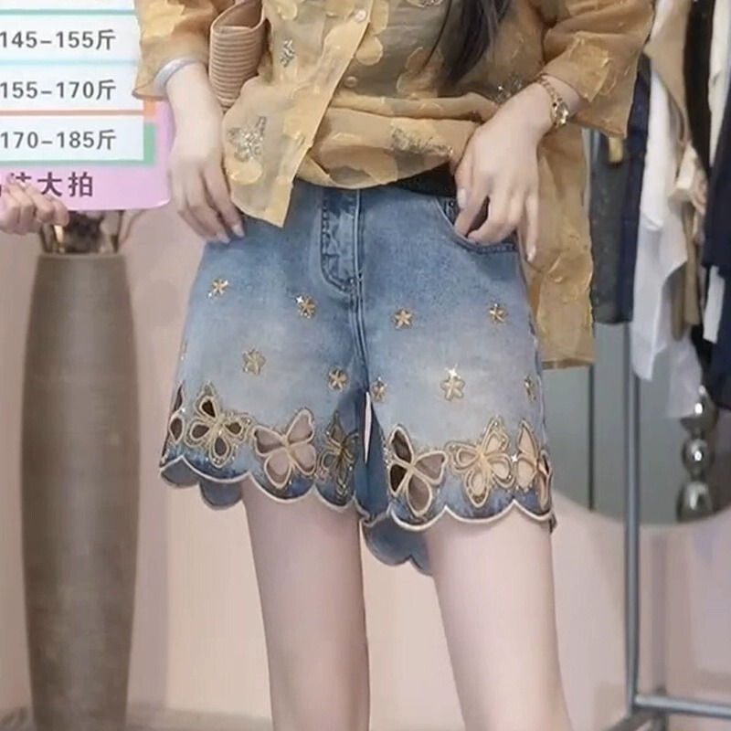 Summer Thin High-Waisted Stretchy Heavy-Duty Rhinestone Denim Shorts for Women, Plus Size, Slimming, Petite, Hollow-Out Mid-Length Shorts