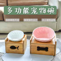 Pet Dog Bowls Kitty Bowl Ceramic Bowl wood frame Table anti-uppers Cat Food Basin Protection Cervical Spine Flat Face Eating Bowl