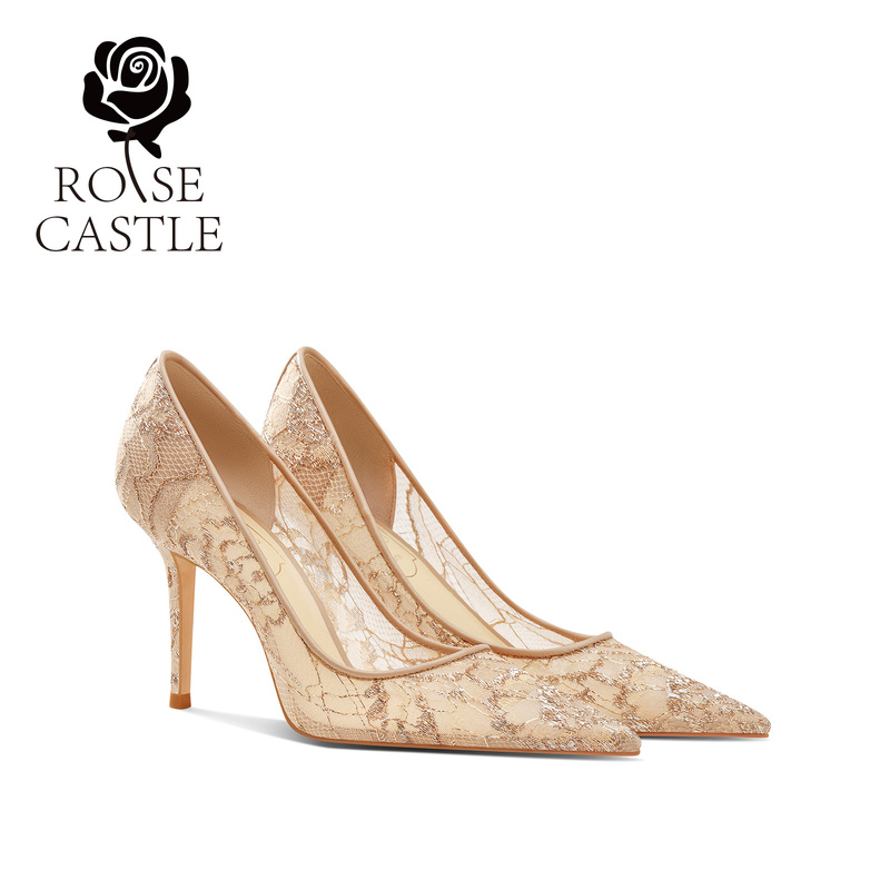 National Beauty Rosecastle Wedding Shoes Lace Mesh Gold High-Heeled Shoes Banquet Dress Cheongsam Shoes