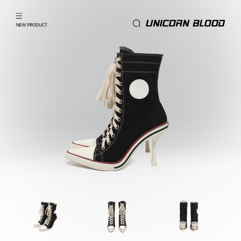 Unicornblood Sports Style Leather Label Canvas Lace-Up High Heels Gal Style Casual High-Top Zipper High Heels