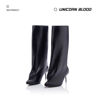 UnicornBlood 经典黑色皮面一体水桶裤管靴欧美秀款高跟靴