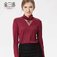 Jin Santa Qiu áo lụa set đồ nữ cổ cao chạm đáy áo sơ mi lụa mùa đông áo crop top nữ một mảnh áo kiểu nữ