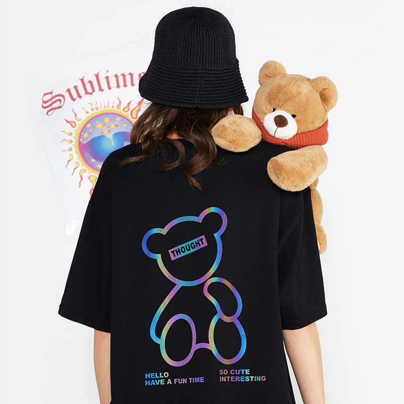 Couple Style Reflective Bear Print Short-Sleeved 2026 New Summer Fashion Trendy Loose Round Neck Couple T-Shirt