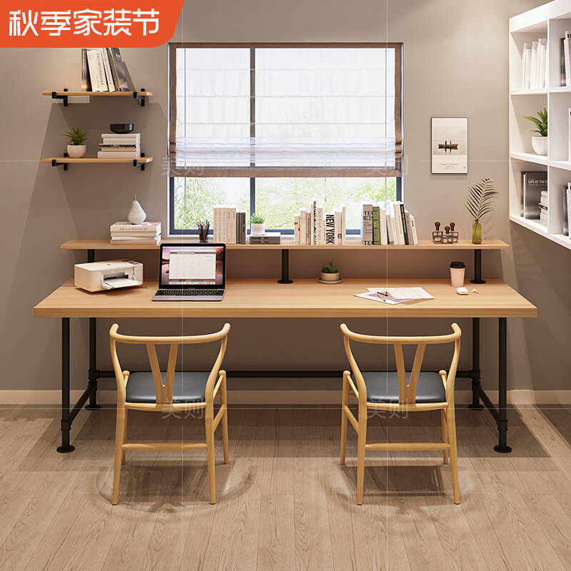 loft solid wood double writing table with bookshelves leaning against wall duo long desk bookshelf American big computer desk study table-Taobao