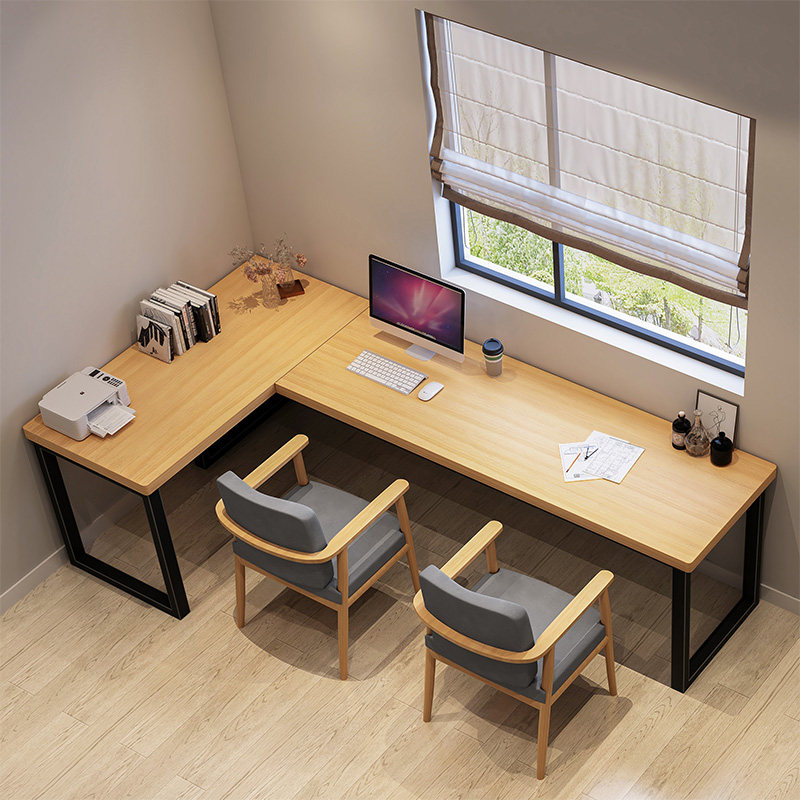 L-type desk double solid wood against wall log long writing desk customized Japanese large turning corner computer table