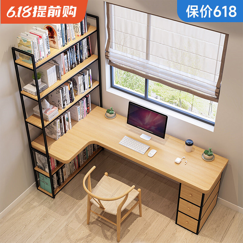 Loft Solid Wood Corner Desk Bookshelf Combined Children's Learning Table L-type Book Desk One Long-Strip Computer Table