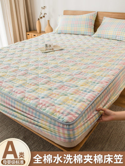 Class a Pure Cotton Washed Cotton Fitted Sheet Single Piece 100% Cotton Quilted Bed Cover Mattress Protector Full Wrap Non-Slip Cover