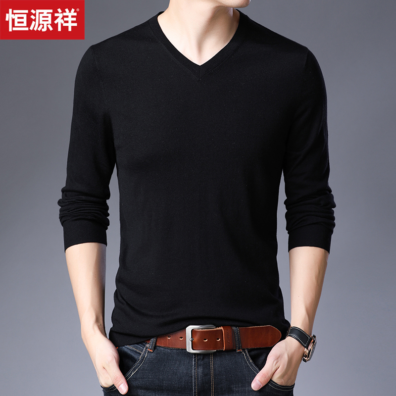 Hengyuan Xiang Xiang contains cashmere sweatshirt male thin section Spring autumn middle-aged pure color V collar knit undershirt body sweaters V collar sweater