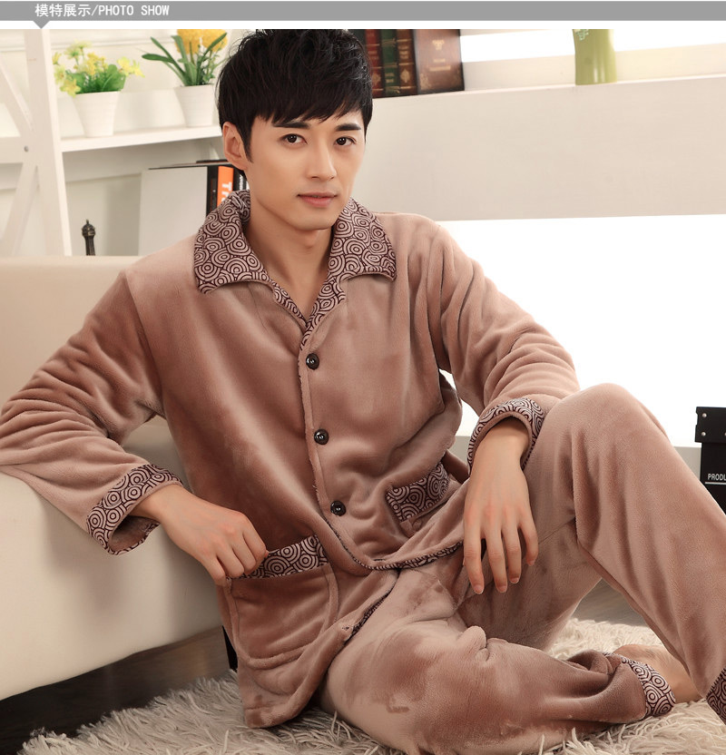 Đồ ngủ nam mùa đông san hô lông cừu mùa thu và mùa đông flannel nam đất trung niên cộng với phân bón XL dịch vụ nhà thanh niên bộ ngủ nam