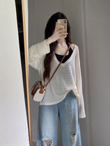 Ice wire hollow knitting shirt summer with hanging outer with small shoulder sunscreen shirt long sleeve V-collar coat