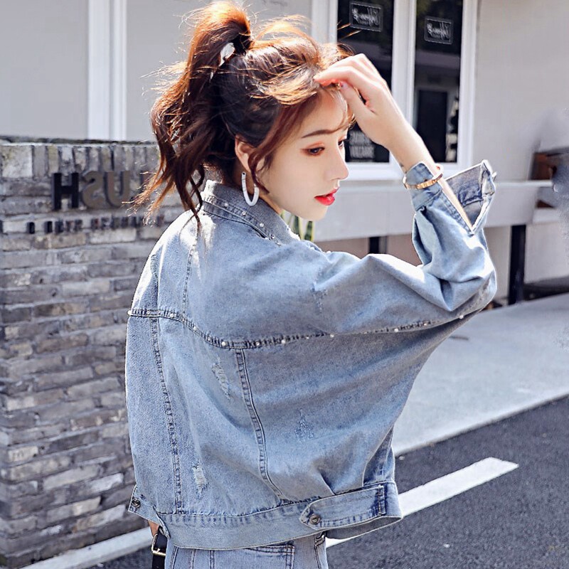 Nail Beaded Denim Jacket Woman Spring Autumn 2022 New Ins Tide Korean Version Loose short and small sub light color blouses