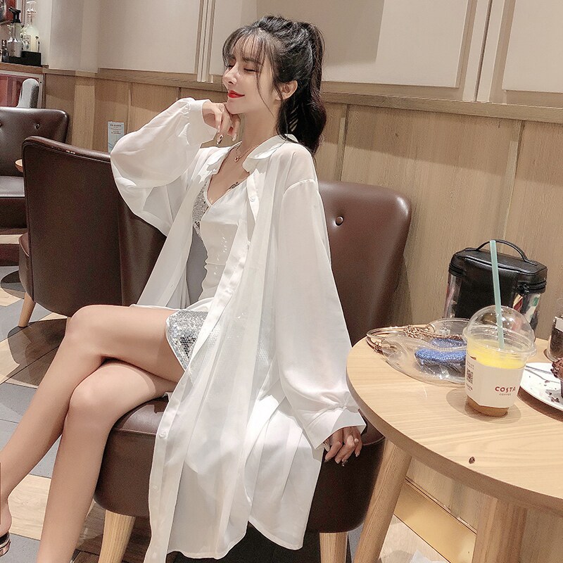 Ice silk long sleeve sunscreen woman summer dress 2022 New ins Chains 100 hitch a long version of snow-spinning shirt jacket