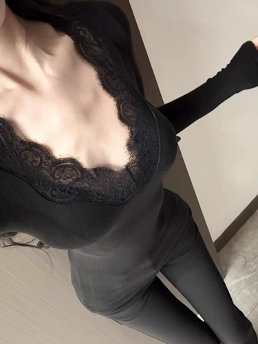 Кружевной приятный телу осенний сексуальный лонгслив, V-образный вырез, по фигуре, в обтяжку