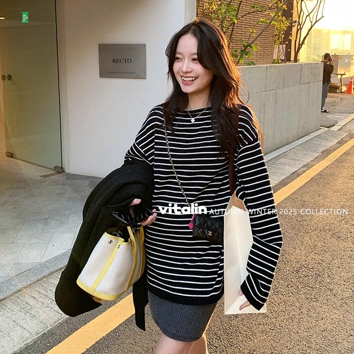 Vitalin『Lazy Sunday』Autumn/Winter 2025 New Women's Lazy and High-End Heavy Striped Sweater