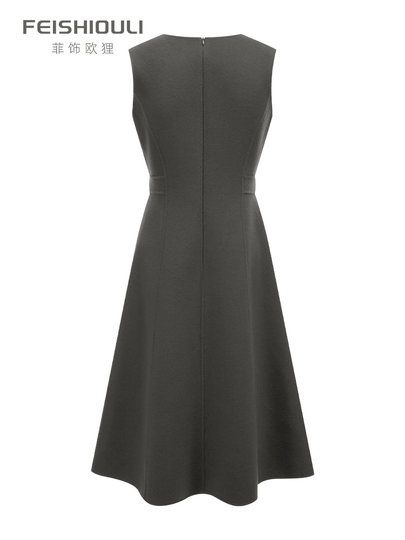 羊毛背心连衣裙秋冬新款气质流行简约修身V领双面呢A字长裙子显瘦