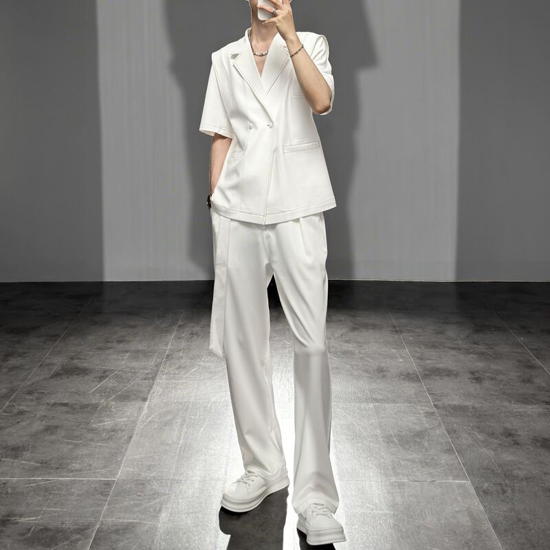 Laid's Matching Summer Short-Sleeved Suit Set for Men, Fashionable Casual Thin Loose Two-Piece Set, Trendy and Cool