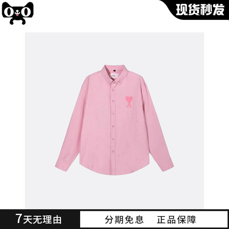 [Authentic in Stock] Ami Couple's Heart Embroidered Letter Shirt Macaron Casual Long Sleeve Unisex Style