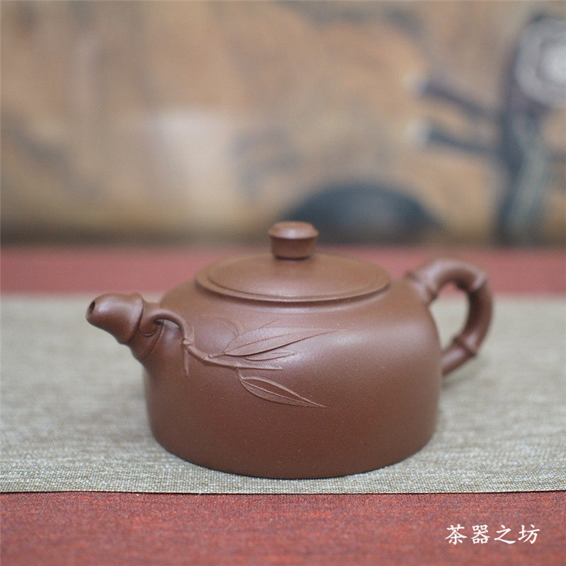 宜興紫砂壺/顧景舟傳人顧濤平手工制/280cc朱泥秀竹茶壺/珍品