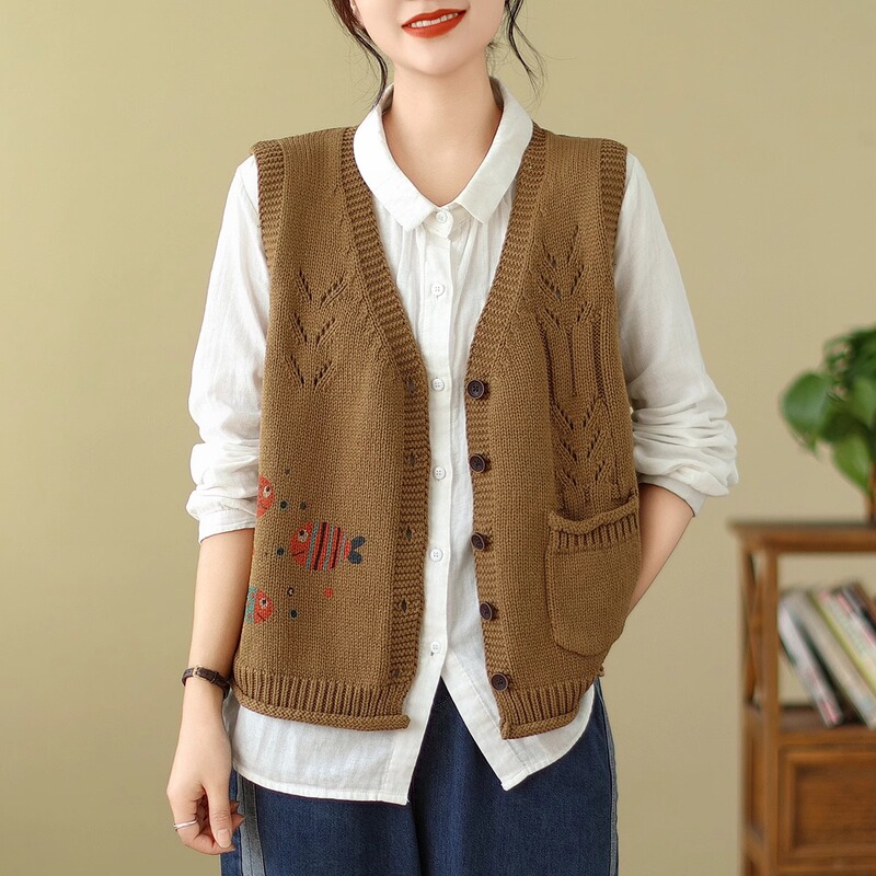 Spring and Autumn Short Solid Color Outerwear Cotton Knitted Cardigan Women's V-Neck Vest Jacket Loose Sleeveless Outerwear Vest