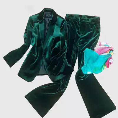 Spring new dark green gold velvet fashion slim interview professional suit suit small suit large size two-piece suit