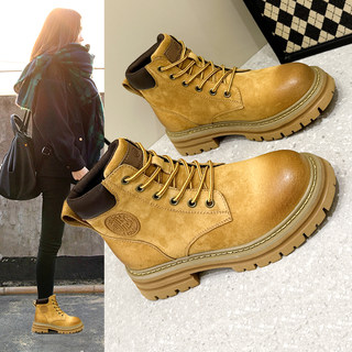 Martin Boots for Women 2025 New Winter Style with Hidden Height Increase, British Style Large Yellow Boots, Desert Outdoor Workwear Fleece-Lined Short Boots