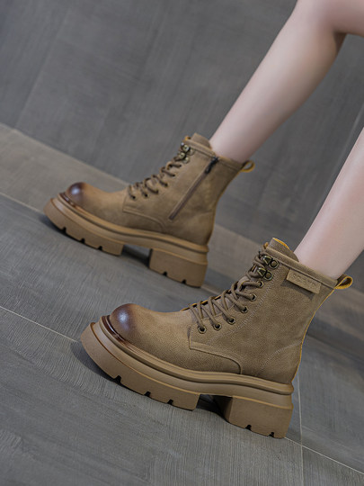 Thick-Soled Martin Boots for Women 2025 New Winter British Style Chunky Heel Short Boots Retro Round Toe Mid-Calf Fleece-Lined Yellow Boots