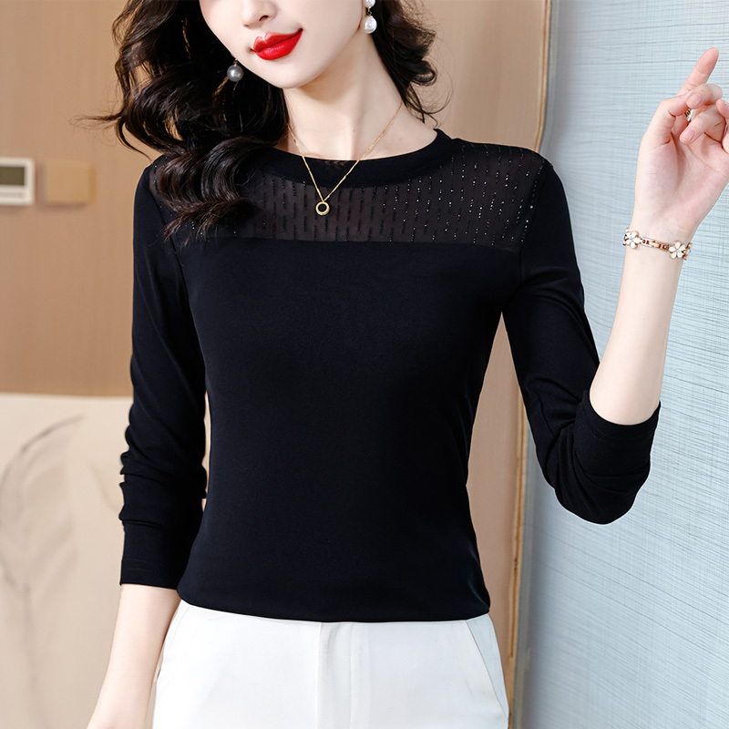 High-Bottom Round Neck Mesh Black Bottoming Shirt for Women with Long Sleeves and Hot Diamond Lace Shirt, Fashionable and Slimming Look Spring & Fall Top