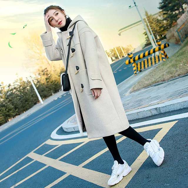 Horn button woolen coat women's mid-length winter hooded student woolen woolen coat female small thickened large size