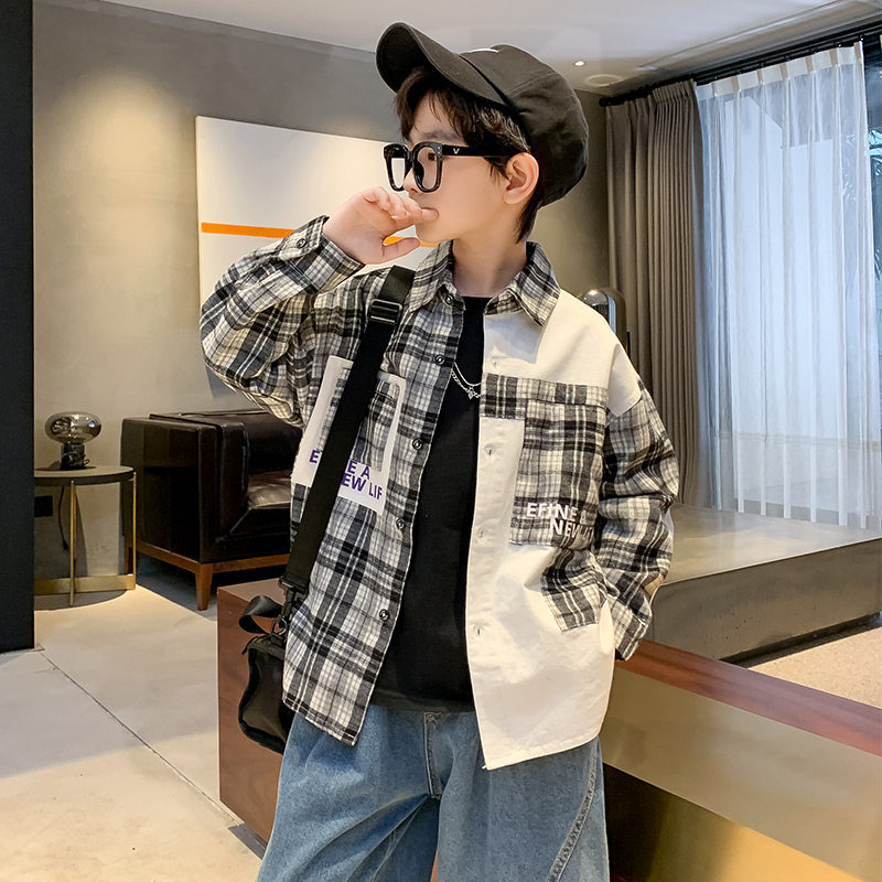 Children's wear boy's autumn shirt spring and autumn 2022 new middle and big children's plaid shirt boy long-sleeved fried street top