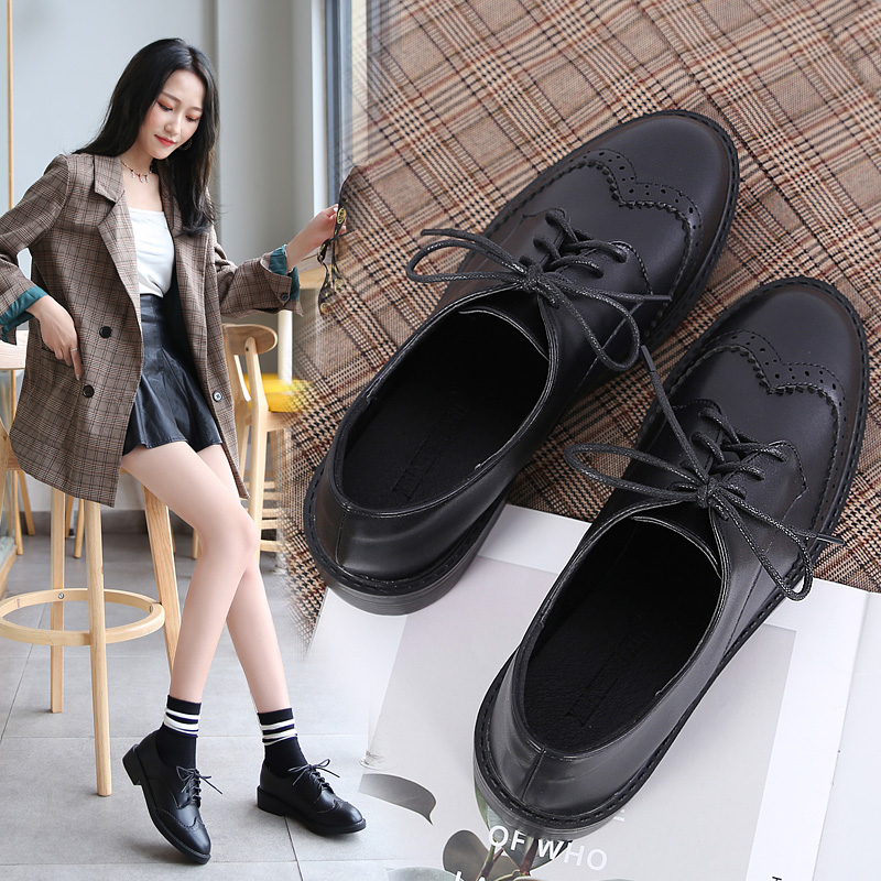 British style low-heeled black lace-up work small leather shoes tide 2022 autumn and winter new flat brogue single shoes women