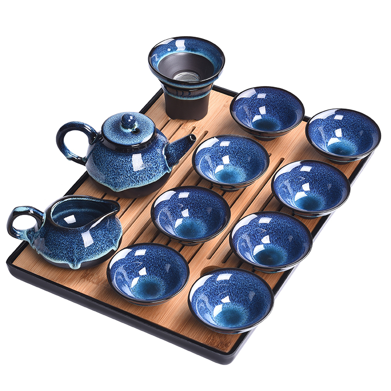 T the build of a complete set of lamp up ceramic temmoku droplets blue amber glaze sample tea cup cup teapot kung fu tea set