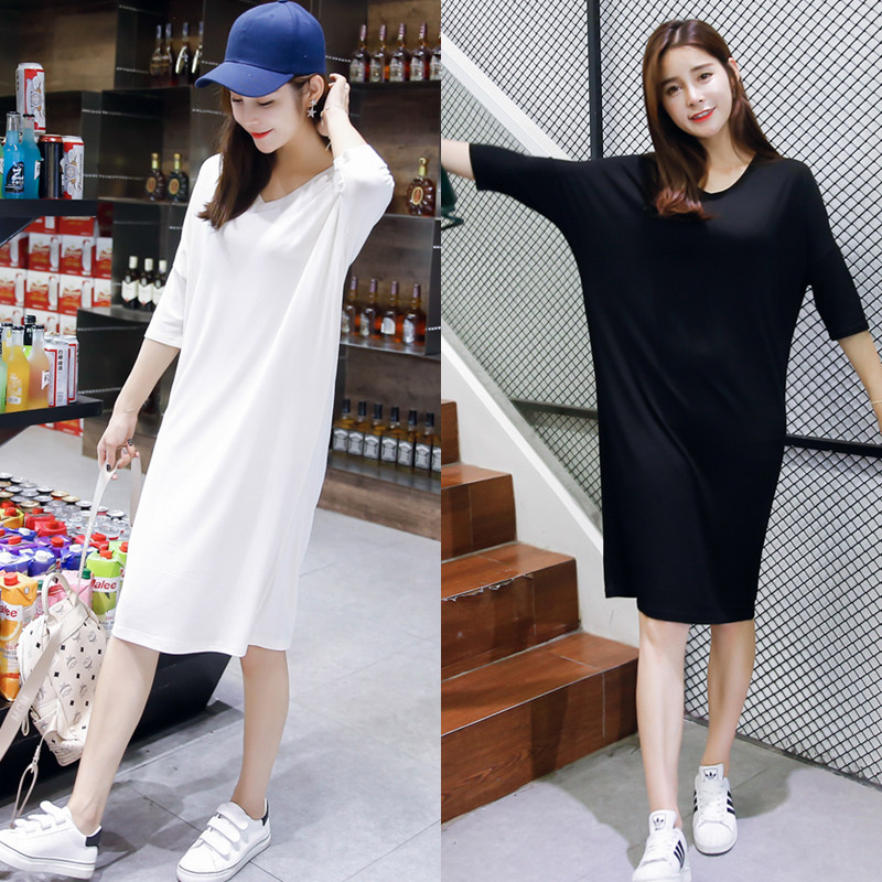 2018春夏韩国大码女装宽松长款懒人短袖T恤裙连衣裙160斤打底衫棉