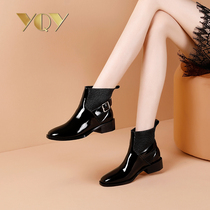 Autumn and winter 2021 new short boots female Martin boots middle heel plus velvet women boots patent leather thick heel Chelsea boots women