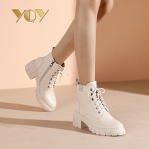 White boots womens autumn and winter 2021 New Joker thick-bottom boots thick-heeled leather Martin boots women round-headed short boots