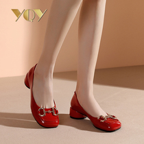 Coarse heel single shoes womens spring and autumn shoes new patent leather round head red Middle heel womens shoes fashion shallow shoes children