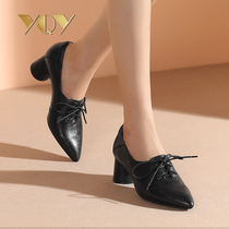 British style lace-up pointed small leather shoes 2021 autumn new deep mouth shoes womens wild leather thick heel heels