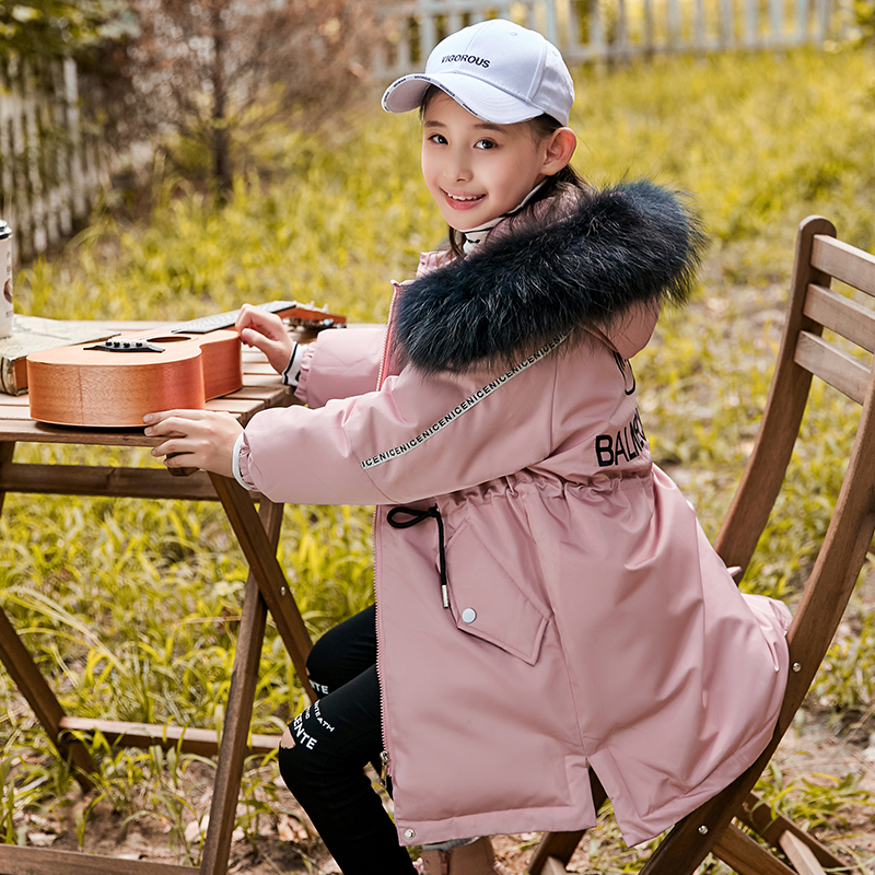 鲁伊卡中大童连帽洋气2019冬季保暖女童装羽绒服儿童中长款韩版