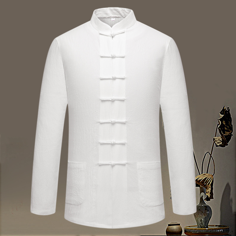 Tang Suit Men's Casual Base Shirt for Middle-Aged and Elderly, Paired with Chinese-Style Cotton and Linen Seven-Button Long-Sleeve Spring and Autumn Linen Jacket
