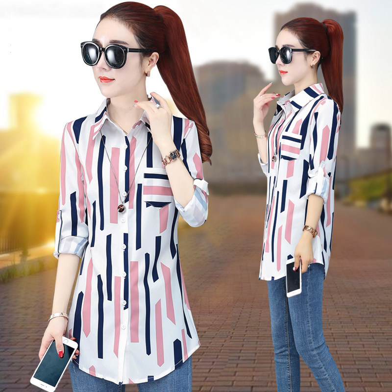Snowspun Shirt 2020 Spring Dress New Fashion Vertical Striped Blouse Blouse Women's Shirt Foreign Shirt Longsleeve Long Version Printed