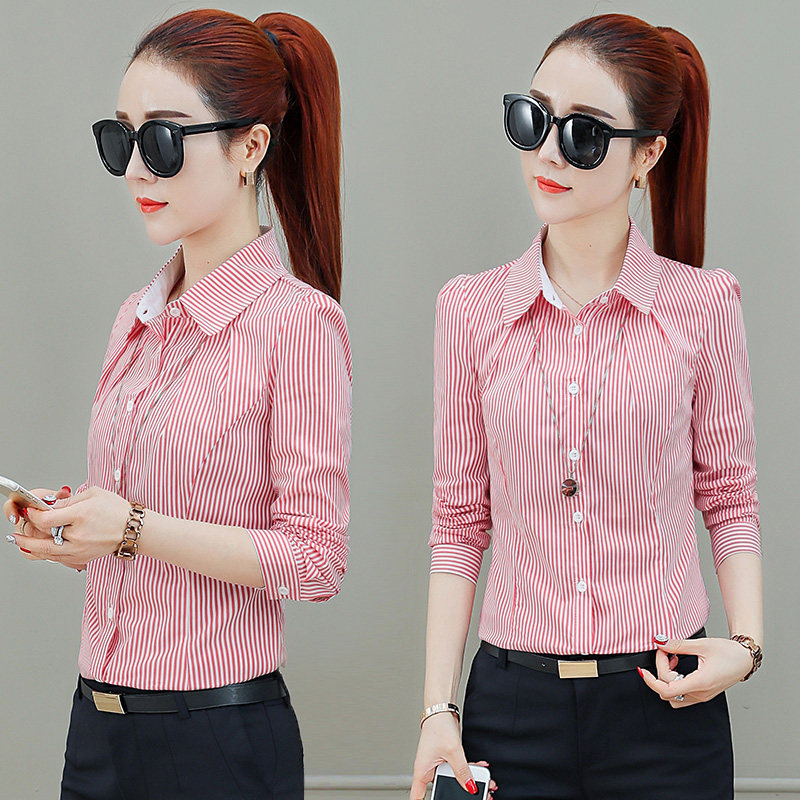 Red Vertical Stripe Blouse Women Long Sleeve 2019 New Spring Professional Korean Slim Joker Shirt
